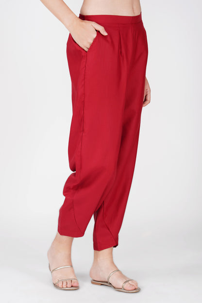 Maroon Handloom Kurta Set – Beaded Neckline with Afghani Pants