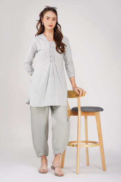 Grey Handloom Kurta Set – Beaded Neckline with Afghani Pants
