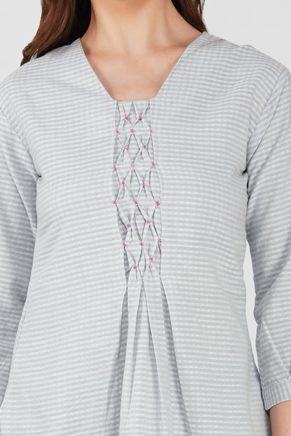 Grey Handloom Kurta Set – Beaded Neckline with Afghani Pants