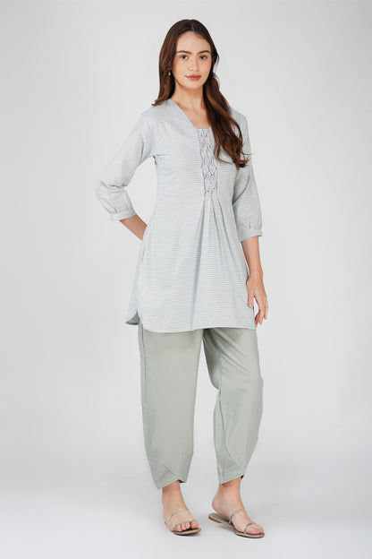 Grey Handloom Kurta Set – Beaded Neckline with Afghani Pants