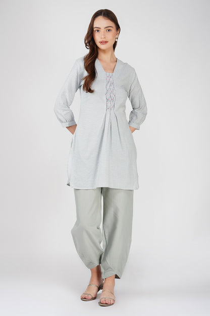 Grey Handloom Kurta Set – Beaded Neckline with Afghani Pants