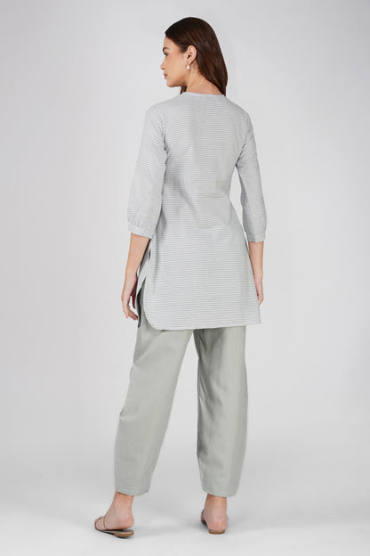 Grey Handloom Kurta Set – Beaded Neckline with Afghani Pants