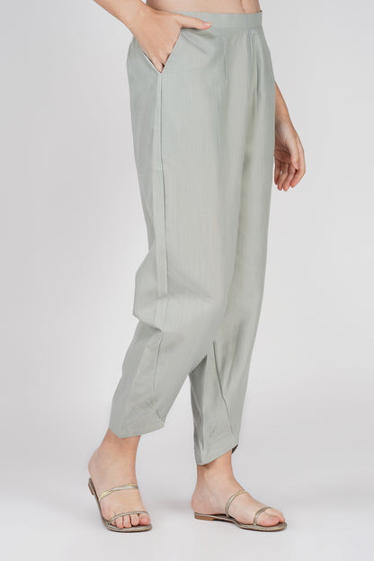 Grey Handloom Kurta Set – Beaded Neckline with Afghani Pants