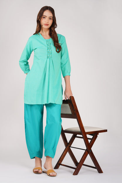 Green Handloom Kurta Set – Beaded Neckline with Afghani Pants