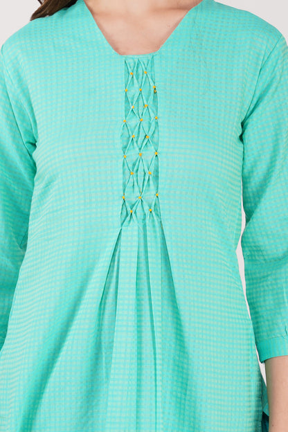 Green Handloom Kurta Set – Beaded Neckline with Afghani Pants