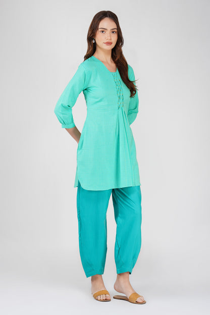 Green Handloom Kurta Set – Beaded Neckline with Afghani Pants