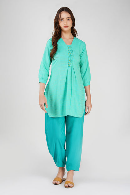 Green Handloom Kurta Set – Beaded Neckline with Afghani Pants