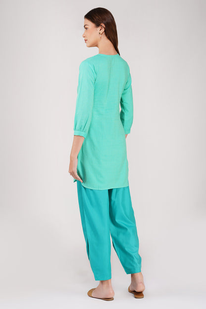 Green Handloom Kurta Set – Beaded Neckline with Afghani Pants