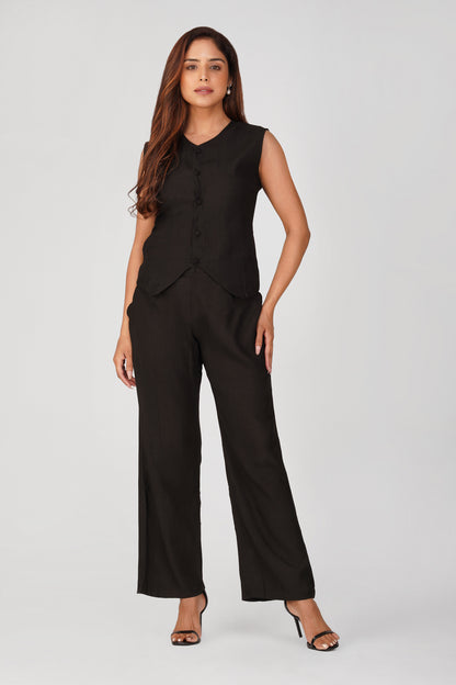 Karma Vest Co-ord Set – Black Silk Linen Western Casual Wear | Bindigasm