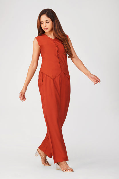 Karma Vest Co-ord Set – Rust Orange Silk Linen Western Casual Wear | Bindigasm