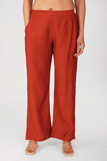 Karma Vest Co-ord Set – Rust Orange Silk Linen Western Casual Wear | Bindigasm