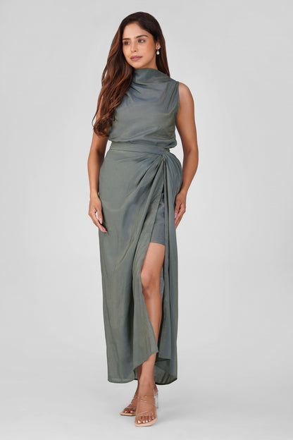 Malaika Shimmering Cowl Drape Coord Set – Charcoal Gray | Bindigasm