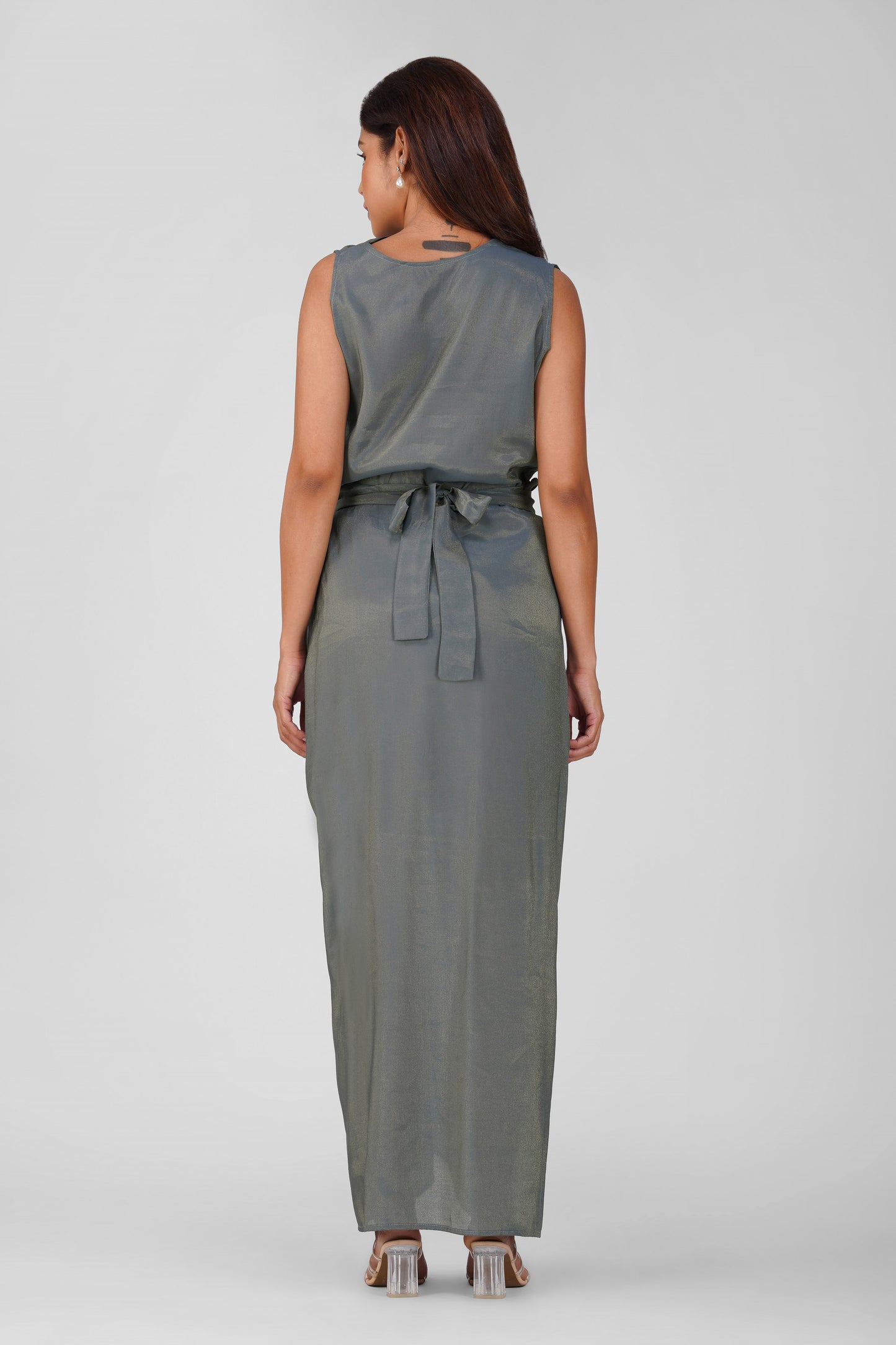 Malaika Shimmering Cowl Drape Coord Set – Charcoal Gray | Bindigasm