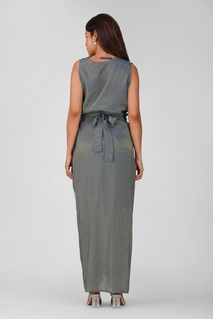 Malaika Shimmering Cowl Drape Coord Set – Charcoal Gray | Bindigasm