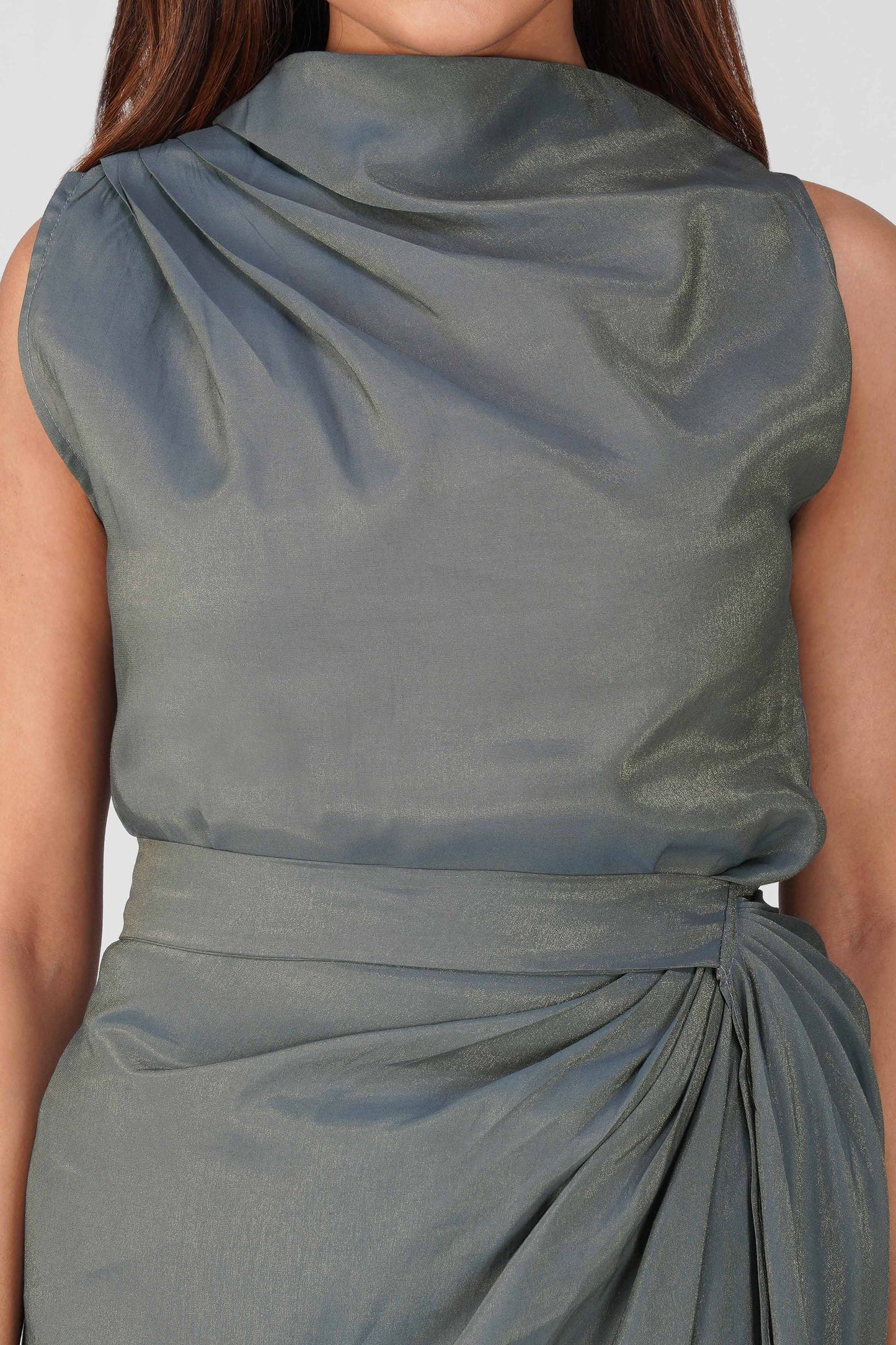 Malaika Shimmering Cowl Drape Coord Set – Charcoal Gray | Bindigasm