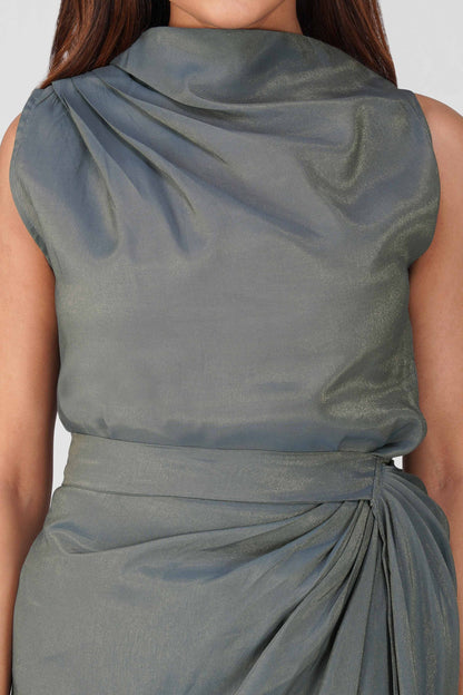 Malaika Shimmering Cowl Drape Coord Set – Charcoal Gray | Bindigasm