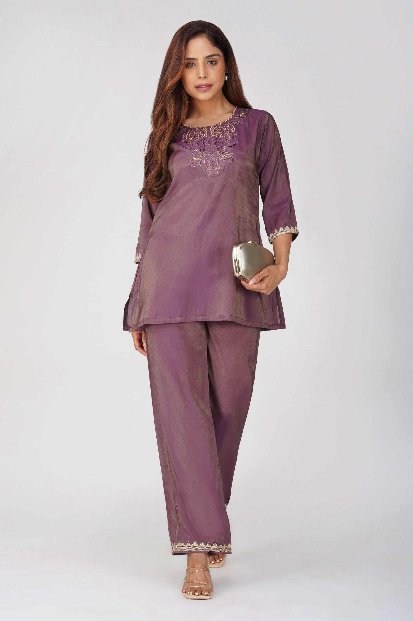 Mira Fusion Embroidered Shimmer Coord Set – Deep Purple | Bindigasm