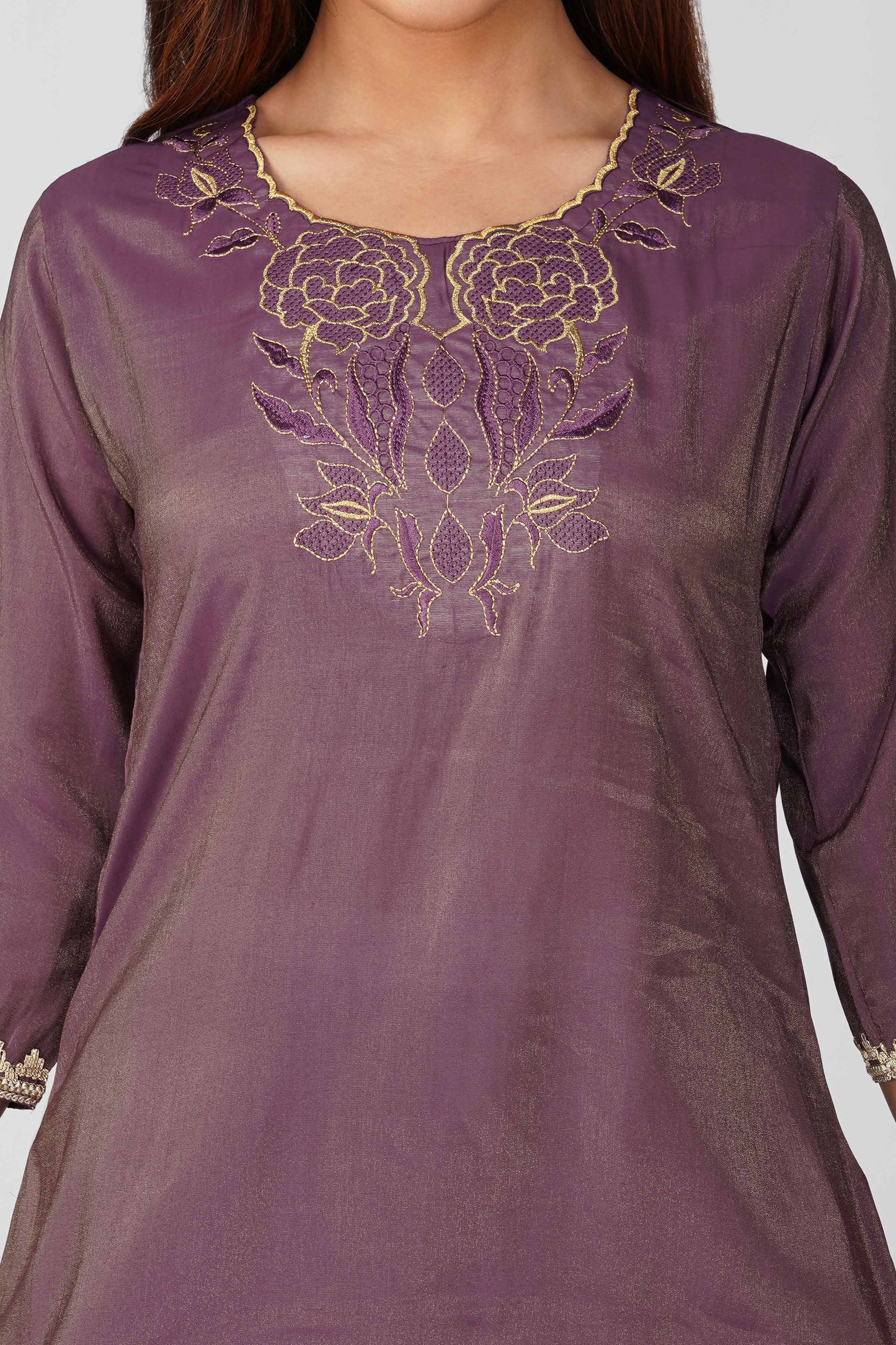 Mira Fusion Embroidered Shimmer Coord Set – Deep Purple | Bindigasm