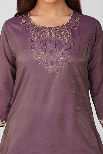 Mira Fusion Embroidered Shimmer Coord Set – Deep Purple | Bindigasm