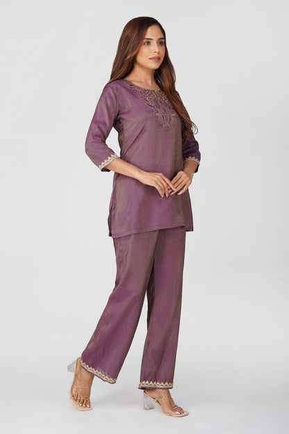 Mira Fusion Embroidered Shimmer Coord Set – Deep Purple | Bindigasm