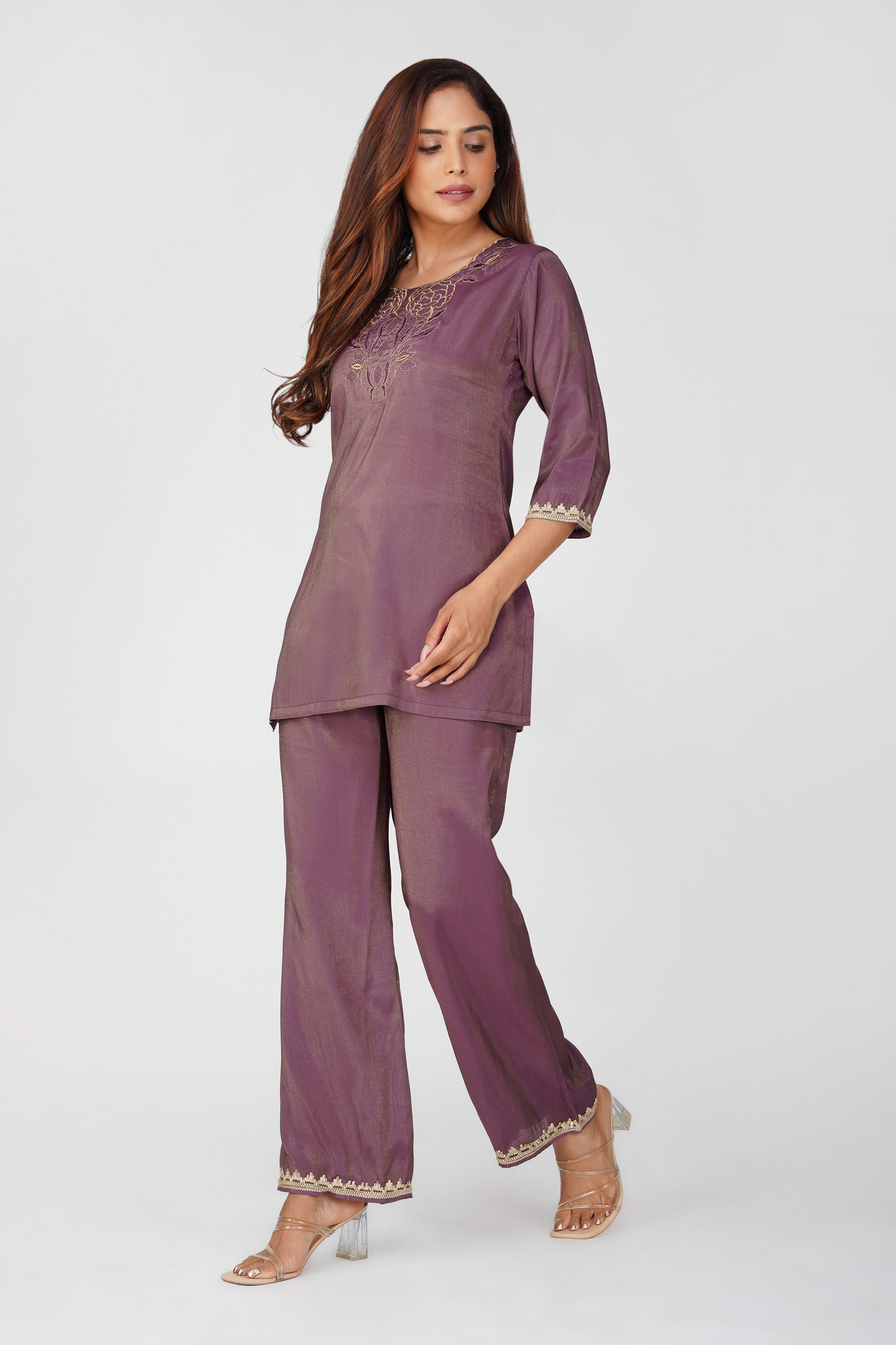 Mira Fusion Embroidered Shimmer Coord Set – Deep Purple | Bindigasm