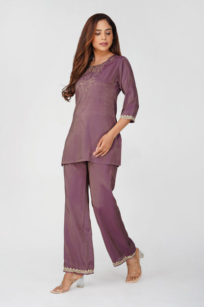 Mira Fusion Embroidered Shimmer Coord Set – Deep Purple | Bindigasm