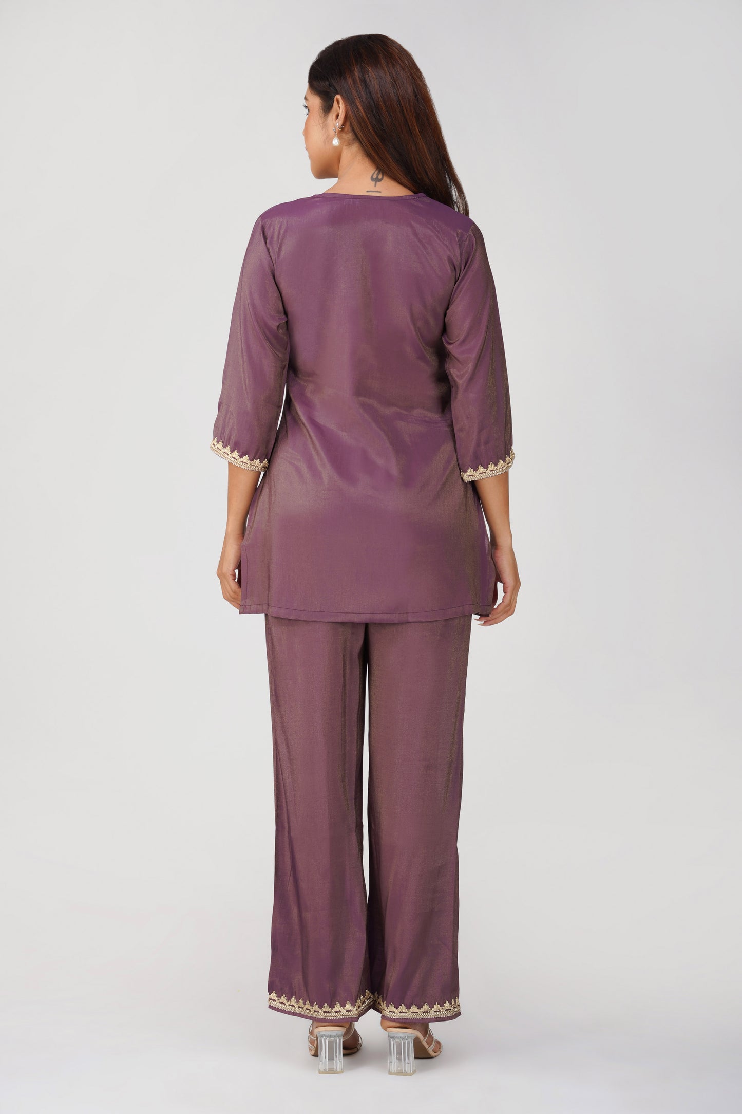Mira Fusion Embroidered Shimmer Coord Set – Deep Purple | Bindigasm