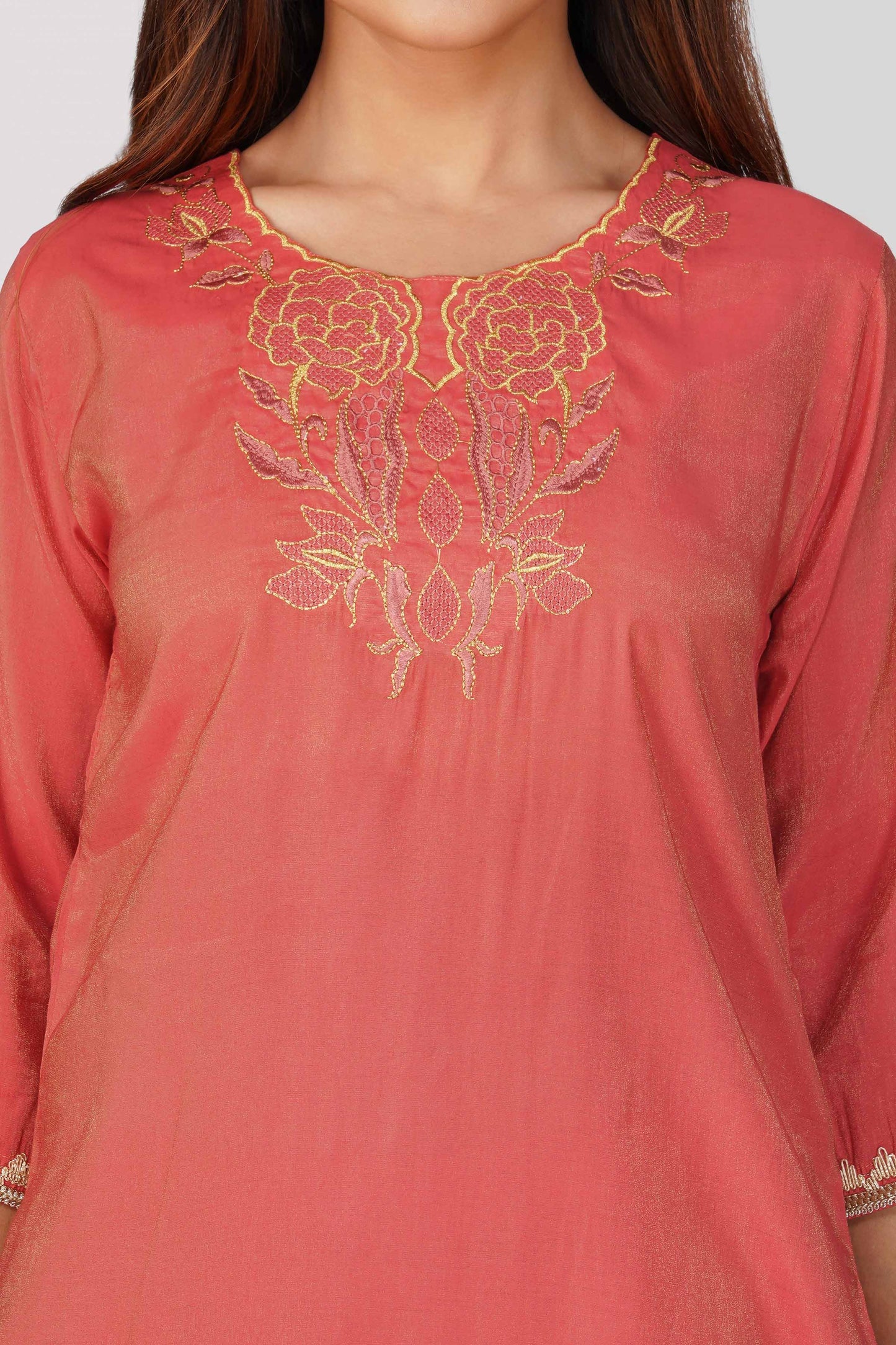 Mira Fusion Embroidered Shimmer Coord Set – Metallic Peach | Bindigasm