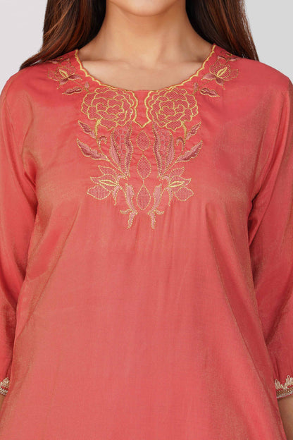 Mira Fusion Embroidered Shimmer Coord Set – Metallic Peach | Bindigasm