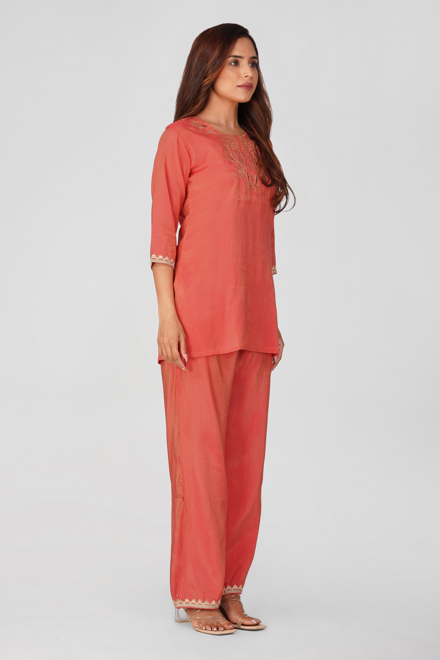 Mira Fusion Embroidered Shimmer Coord Set – Metallic Peach | Bindigasm