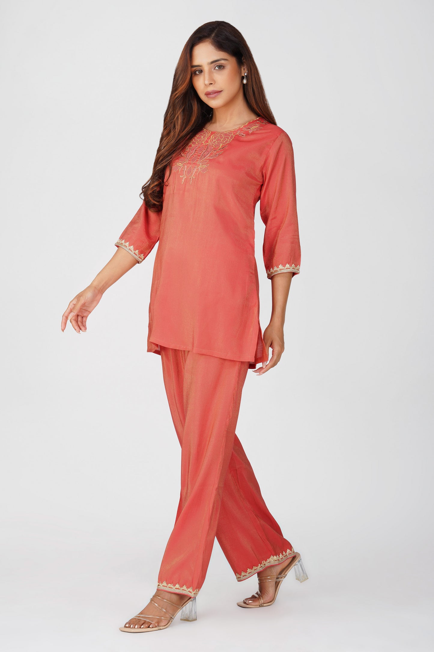 Mira Fusion Embroidered Shimmer Coord Set – Metallic Peach | Bindigasm