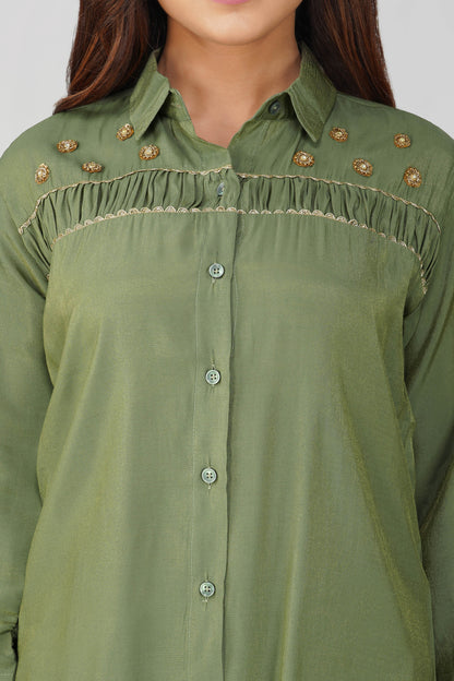 Suhani Mehendi Green Shimmer Shirt & Pants Coord Set with Handwork Yoke | Bindigasm