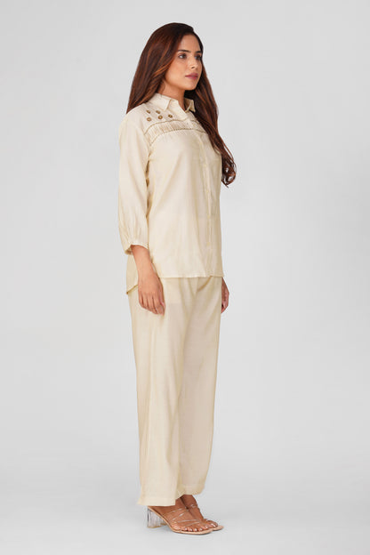 Suhani Ivory Shimmer Shirt & Pants Coord Set with Handwork Yoke | Bindigasm