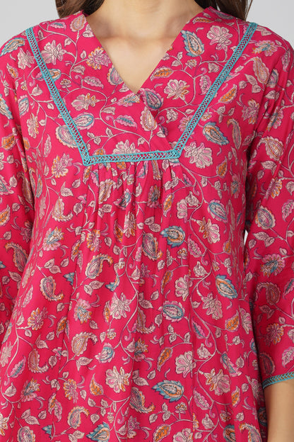 Rani Pink Paisley Co-ord Set – Flared Modal Chanderi Kurta with Pants