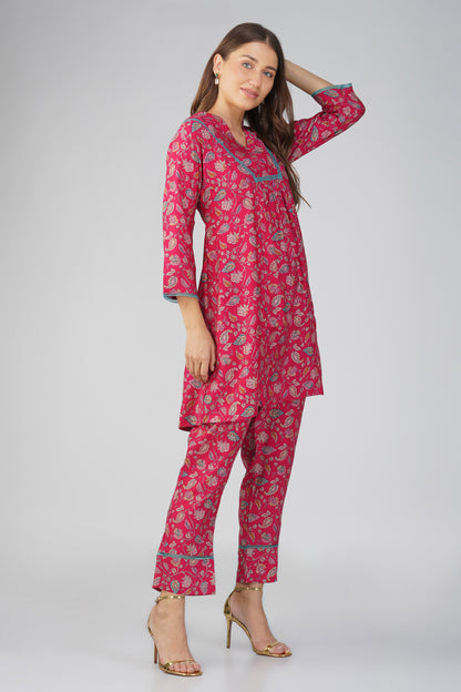 Rani Pink Paisley Co-ord Set – Flared Modal Chanderi Kurta with Pants