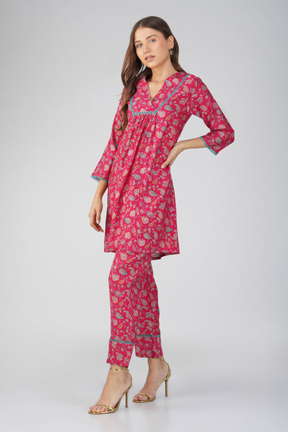 Rani Pink Paisley Co-ord Set – Flared Modal Chanderi Kurta with Pants