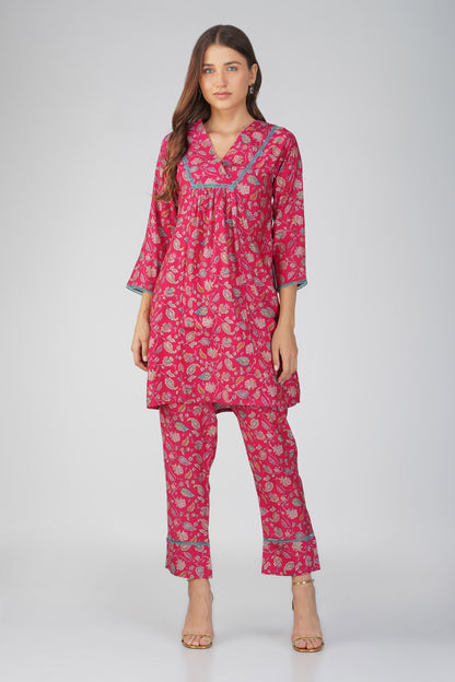 Rani Pink Paisley Co-ord Set – Flared Modal Chanderi Kurta with Pants