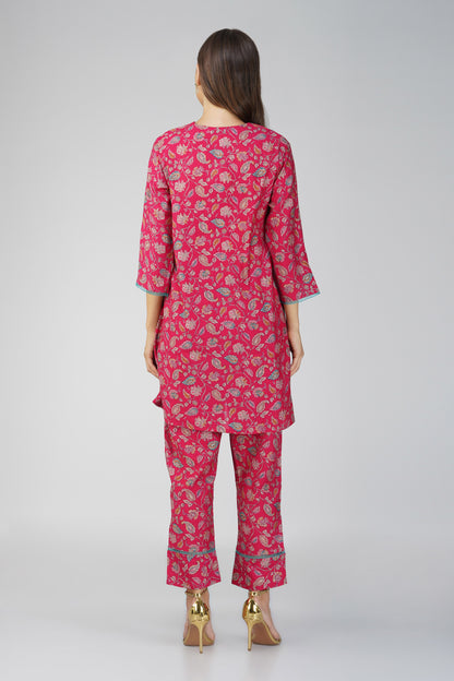 Rani Pink Paisley Co-ord Set – Flared Modal Chanderi Kurta with Pants