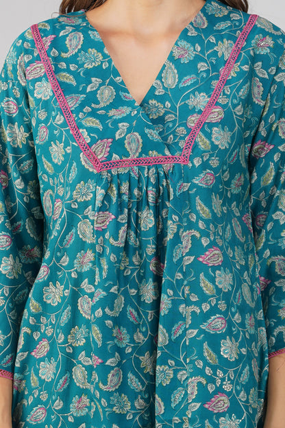 Peacock Green Paisley Co-ord Set – Flared Modal Chanderi Kurta with Pants