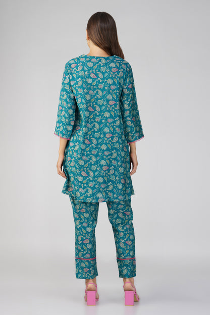 Peacock Green Paisley Co-ord Set – Flared Modal Chanderi Kurta with Pants