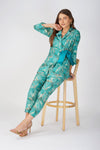 Akira Jacket Co-ord Set – Turquoise Chanderi with Floral Brooch & Silk Belt