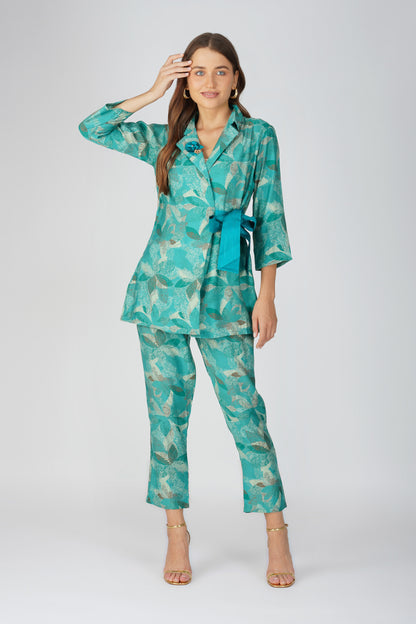 Akira Jacket Co-ord Set – Turquoise Chanderi with Floral Brooch & Silk Belt