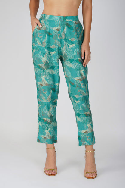 Akira Jacket Co-ord Set – Turquoise Chanderi with Floral Brooch & Silk Belt