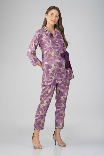 Akira Jacket Co-ord Set – Purple Chanderi with Floral Brooch & Silk Belt
