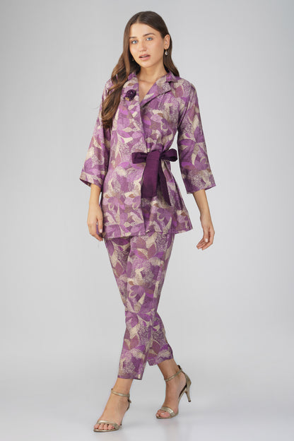 Akira Jacket Co-ord Set – Purple Chanderi with Floral Brooch & Silk Belt