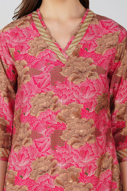 Kiara Co-ord Set – Rani Pink Floral Kurta with Sequin Jute Lace & Matching Palazzos (2-Piece Set)