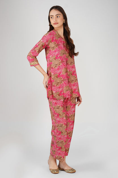 Kiara Co-ord Set – Rani Pink Floral Kurta with Sequin Jute Lace & Matching Palazzos (2-Piece Set)