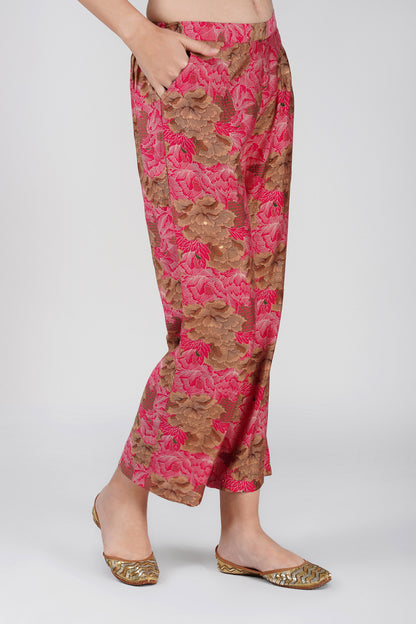 Kiara Co-ord Set – Rani Pink Floral Kurta with Sequin Jute Lace & Matching Palazzos (2-Piece Set)