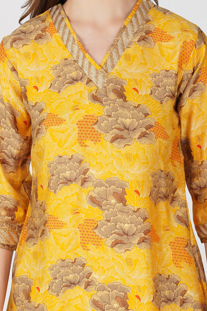 Kiara Co-ord Set – Yellow Floral Kurta with Sequin Jute Lace & Matching Palazzos (2-Piece Set)
