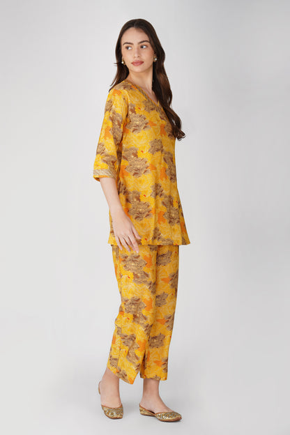 Kiara Co-ord Set – Yellow Floral Kurta with Sequin Jute Lace & Matching Palazzos (2-Piece Set)